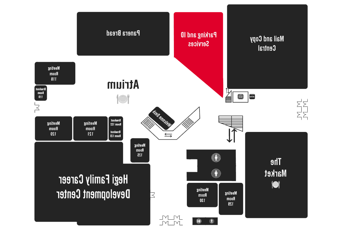 休斯-特里格学生中心的地图，突出了停车场的位置 & 身份证服务办事处.